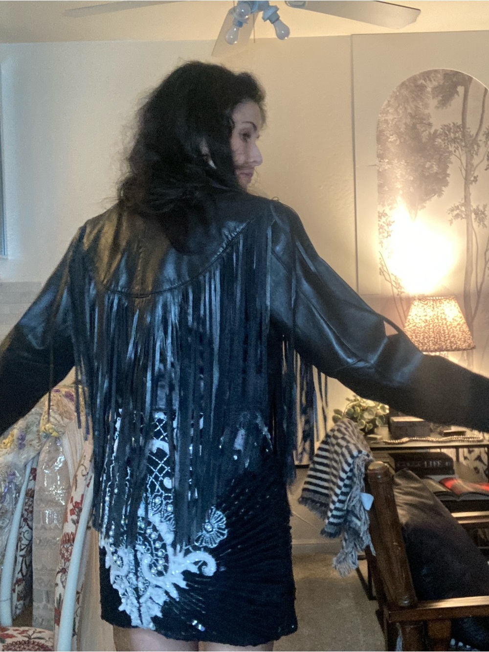Festival versatile black leather fringed motorcycle jacket cropped 80’s western - Picture 4 of 7